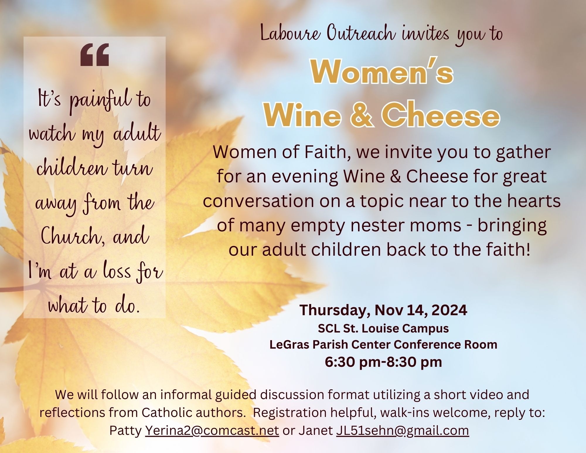 Womens Wine & Cheese Event St. Catherine Labouré Catholic Parish